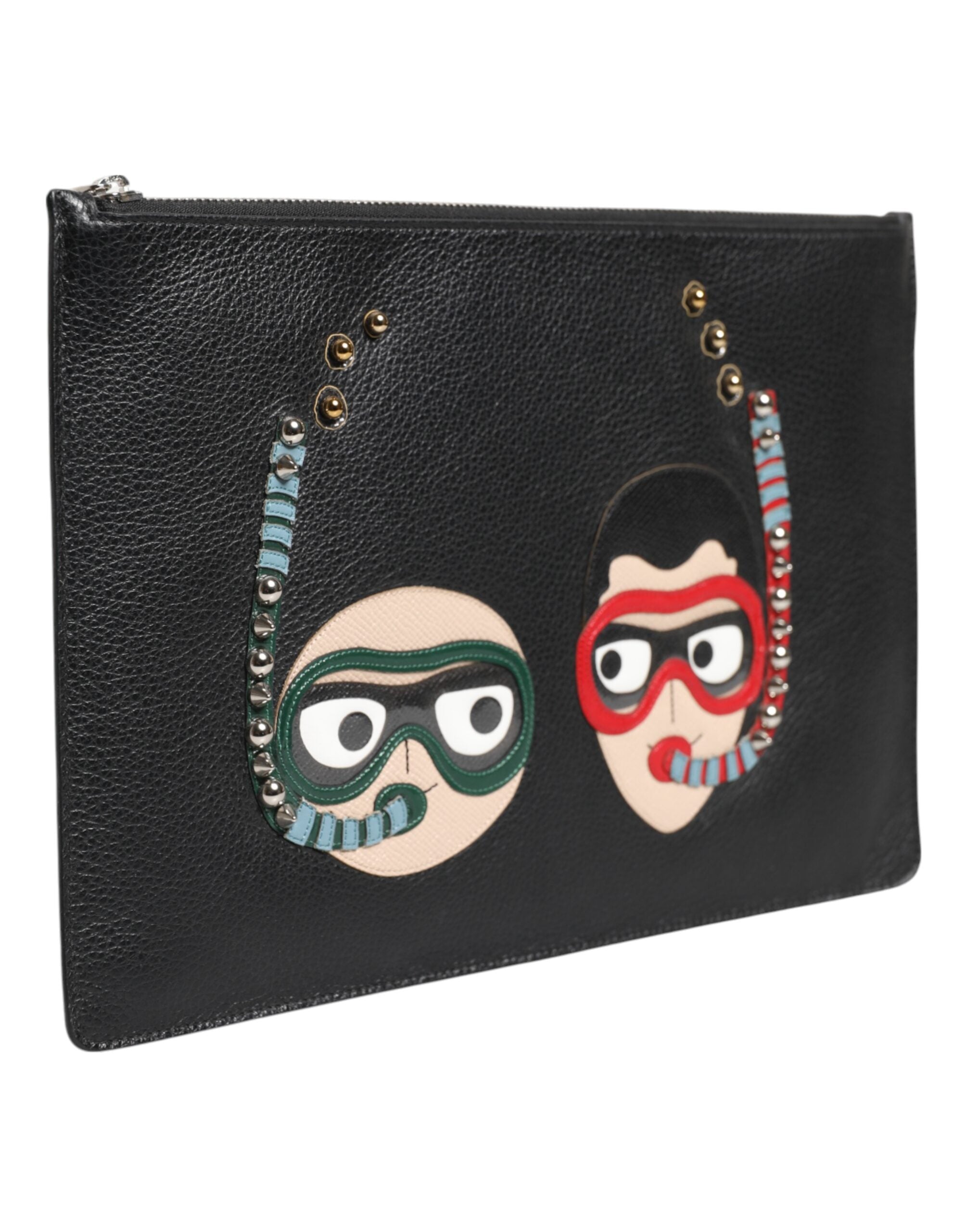 Dolce & Gabbana Black Leather #DGFAMILY Embellished Men Clutch Pouch Men's Bag