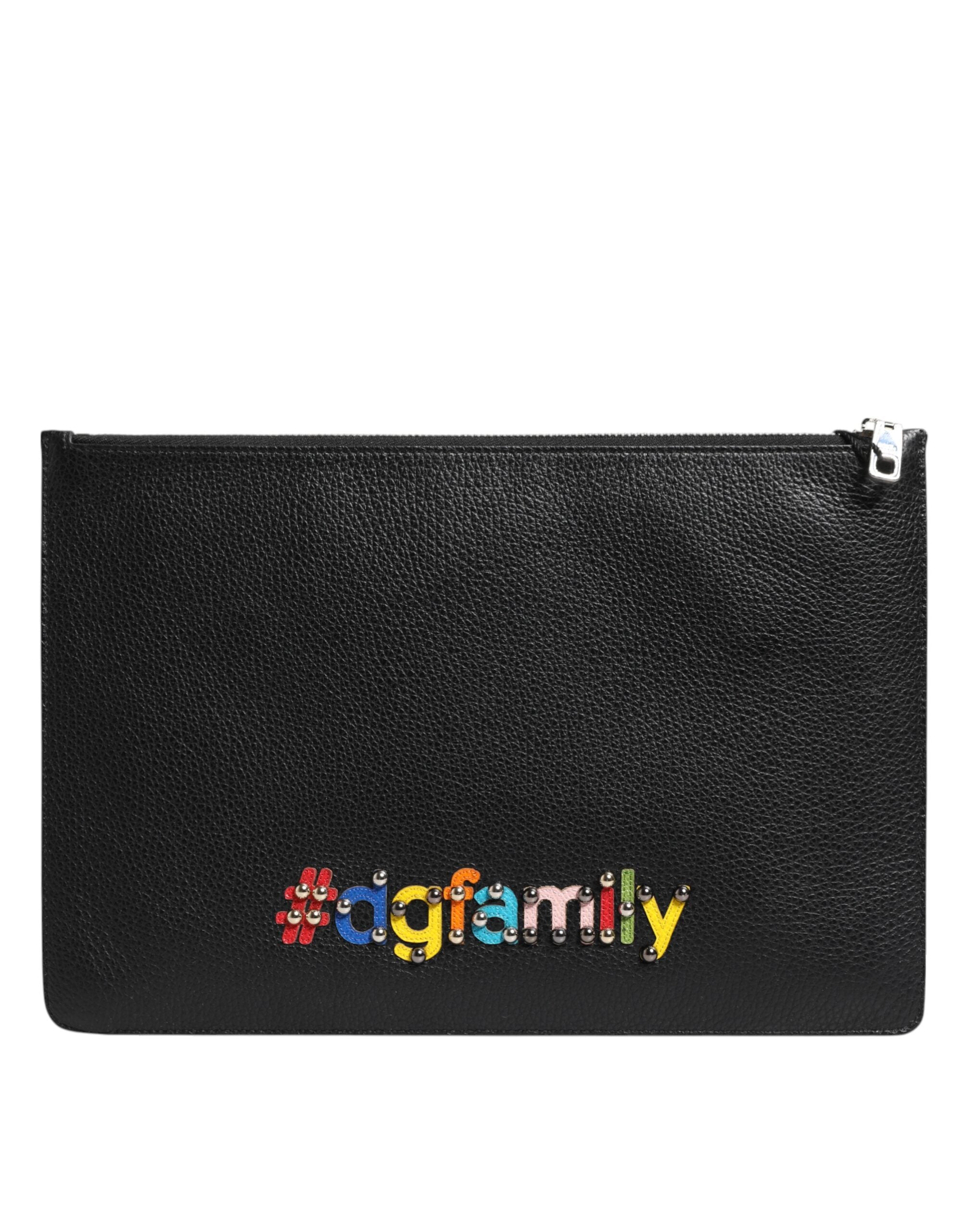 Dolce & Gabbana Black Leather #DGFAMILY Embellished Men Clutch Pouch Men's Bag