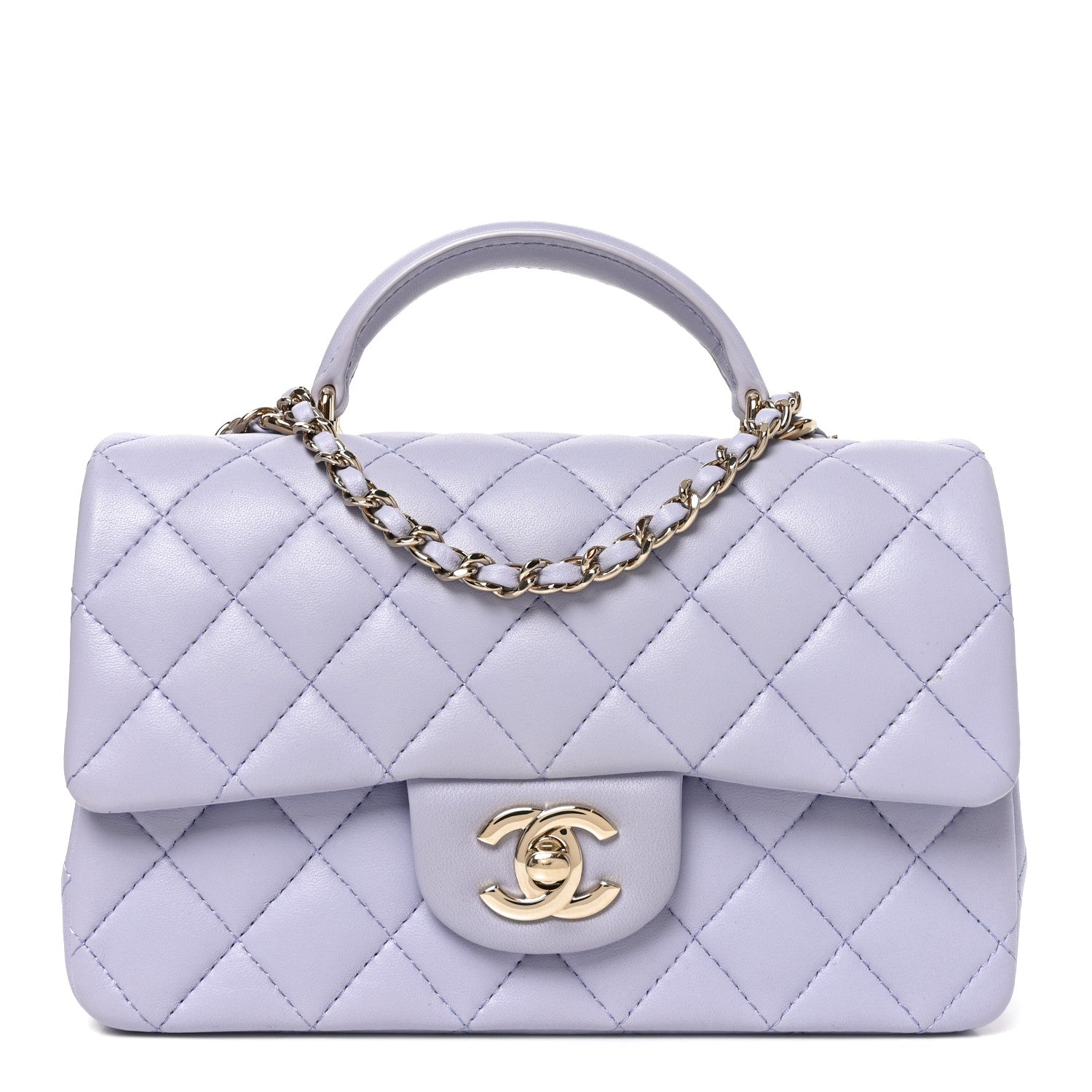 Lambskin Quilted Mini Top Handle Rectangular Flap Light Purple