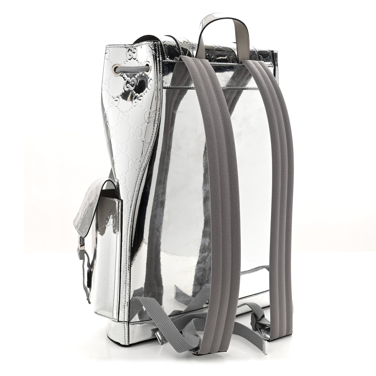 Mirror Effect GG Monogram Appia Calfskin Web Double Buckle Backpack Silver