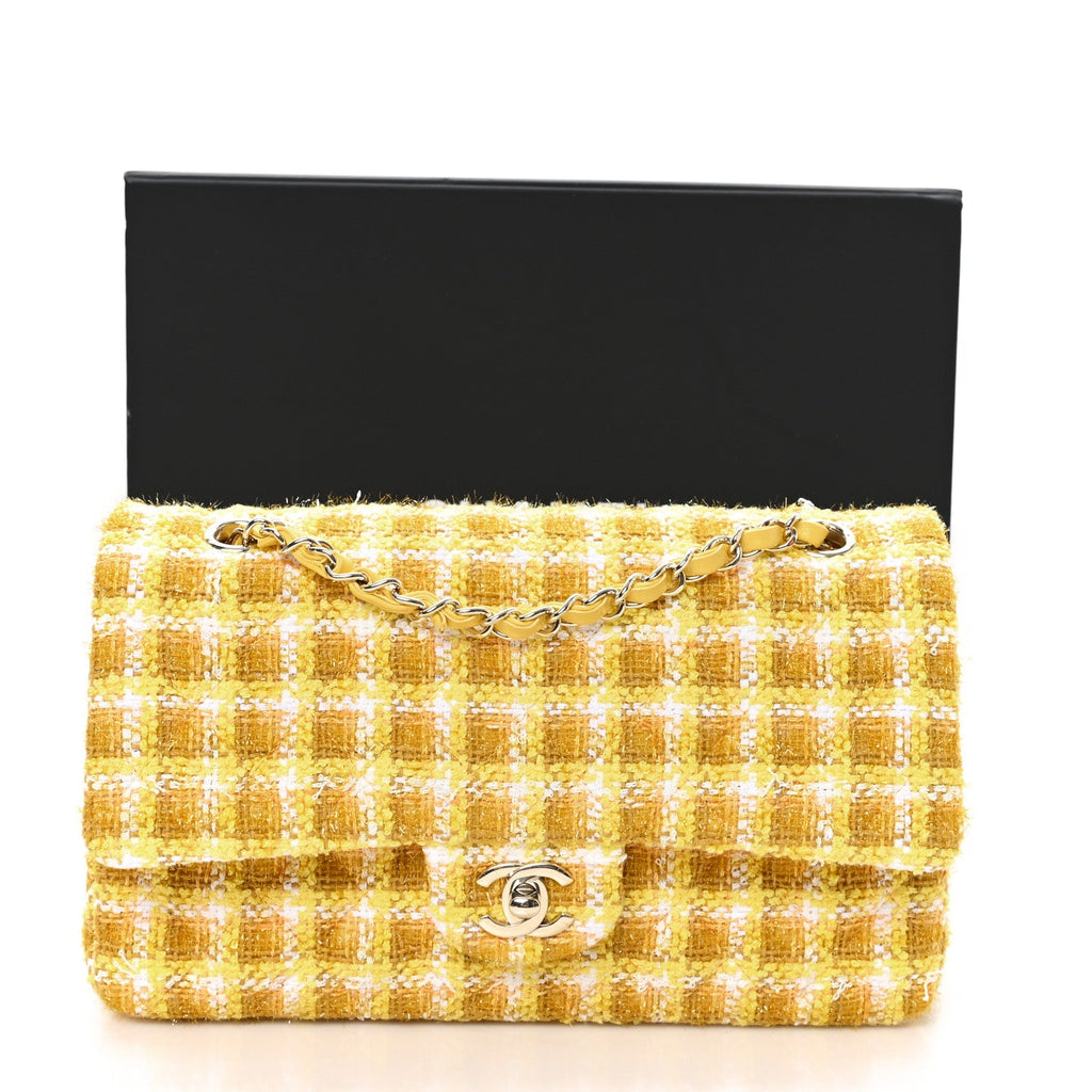 Tweed Quilted Medium Double Flap Yellow White Ochre