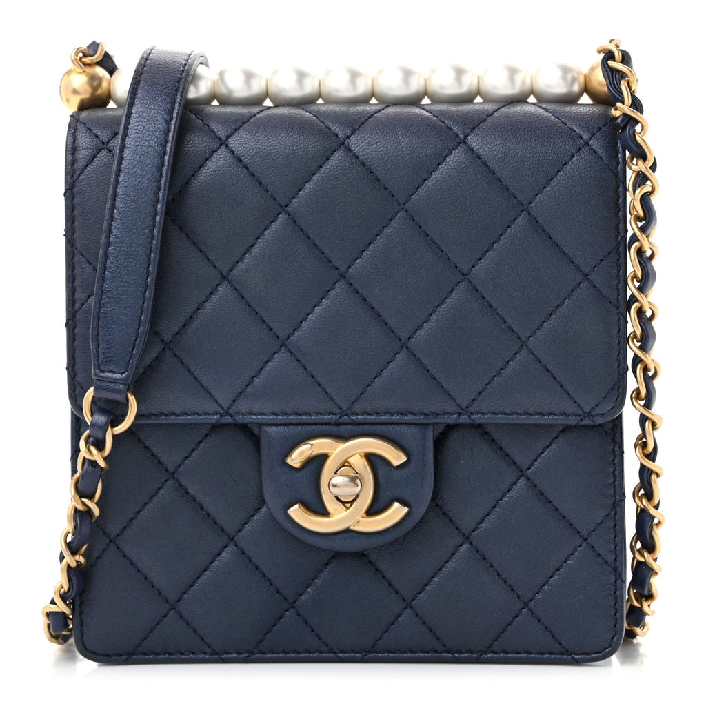 Iridescent Lambskin Quilted Chic Pearls Flap Navy Blue