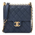 Iridescent Lambskin Quilted Chic Pearls Flap Navy Blue