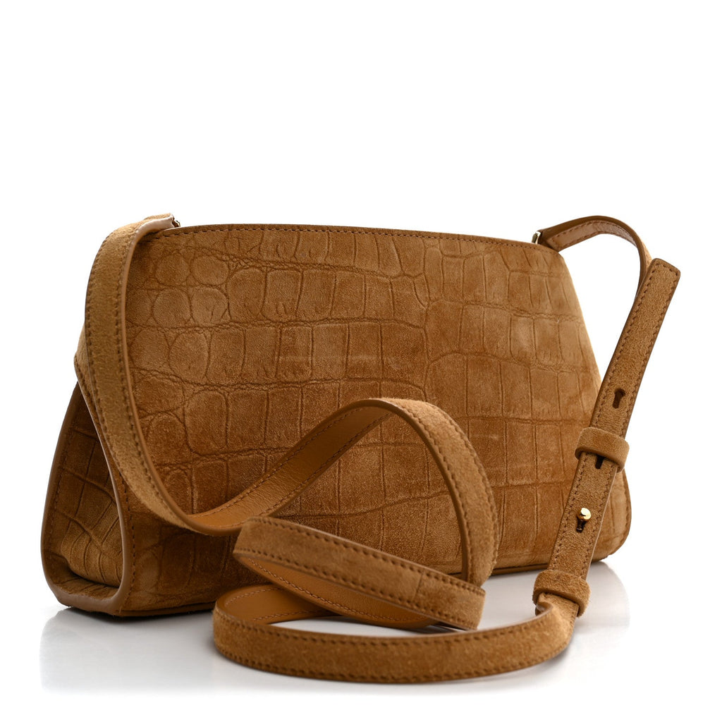 Suede Alligator Embossed Mini Hug Crossbody Bag Natural Brown