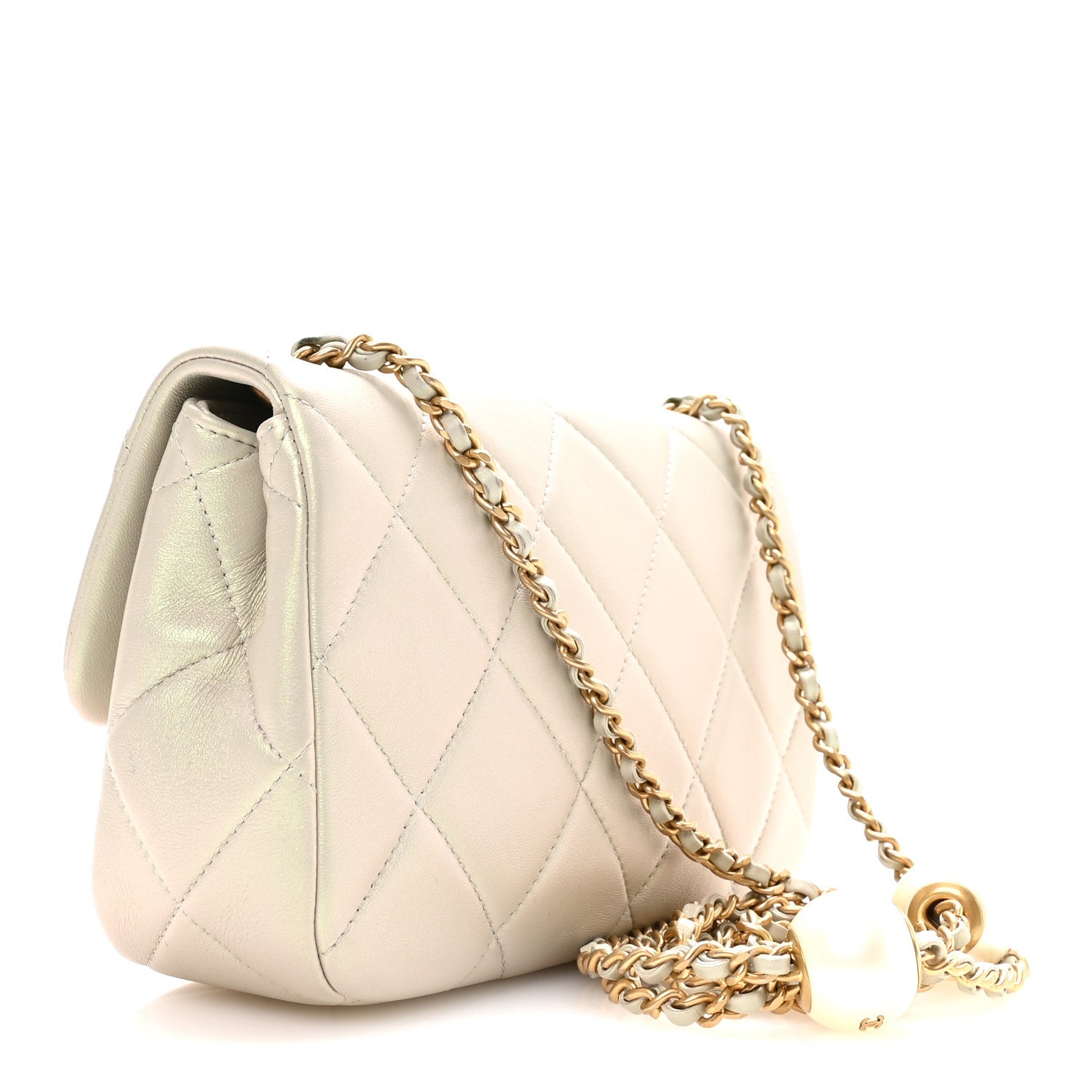 Pearly Lambskin Quilted Pearl Small Flap Light Grey