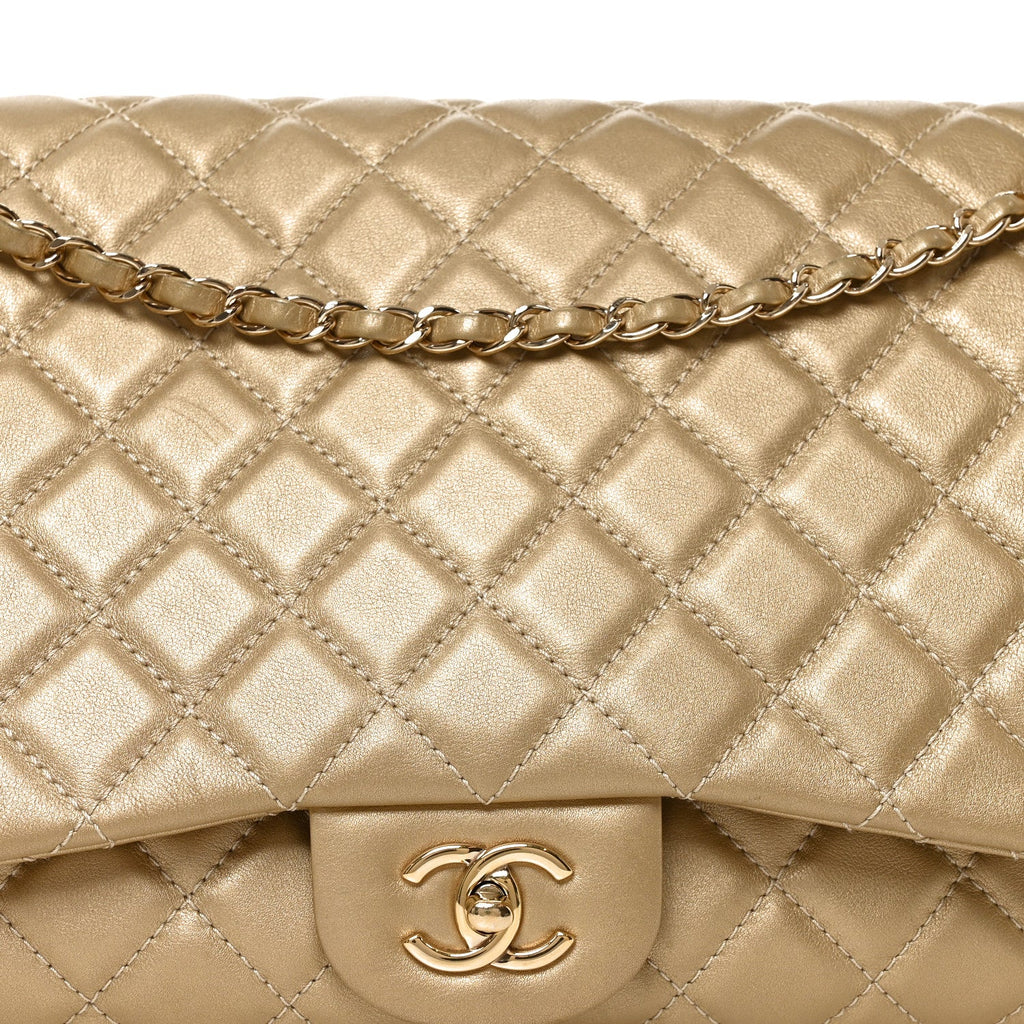 Metallic Calfskin Quilted Small XXL Travel Flap Bag Gold