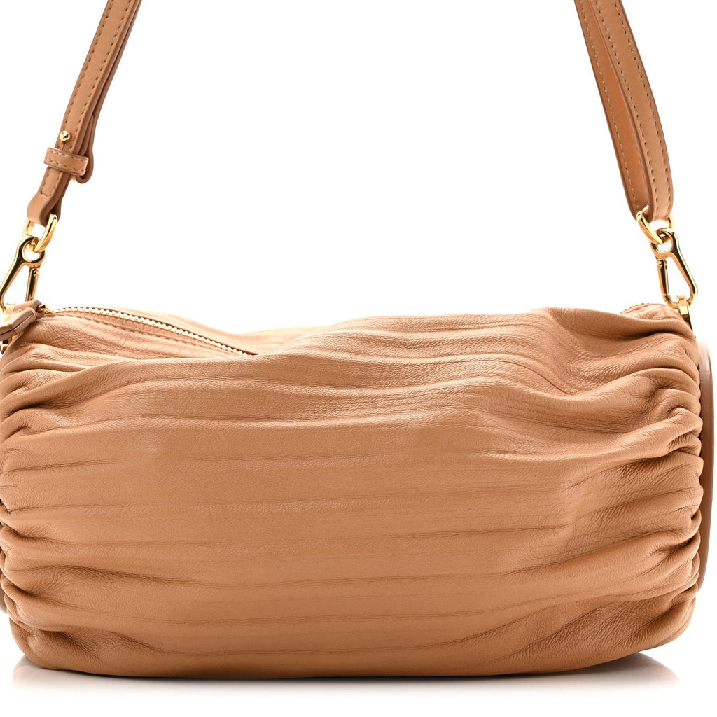 Lambskin Pleated Bracelet Pouch Shoulder Bag Warm Desert