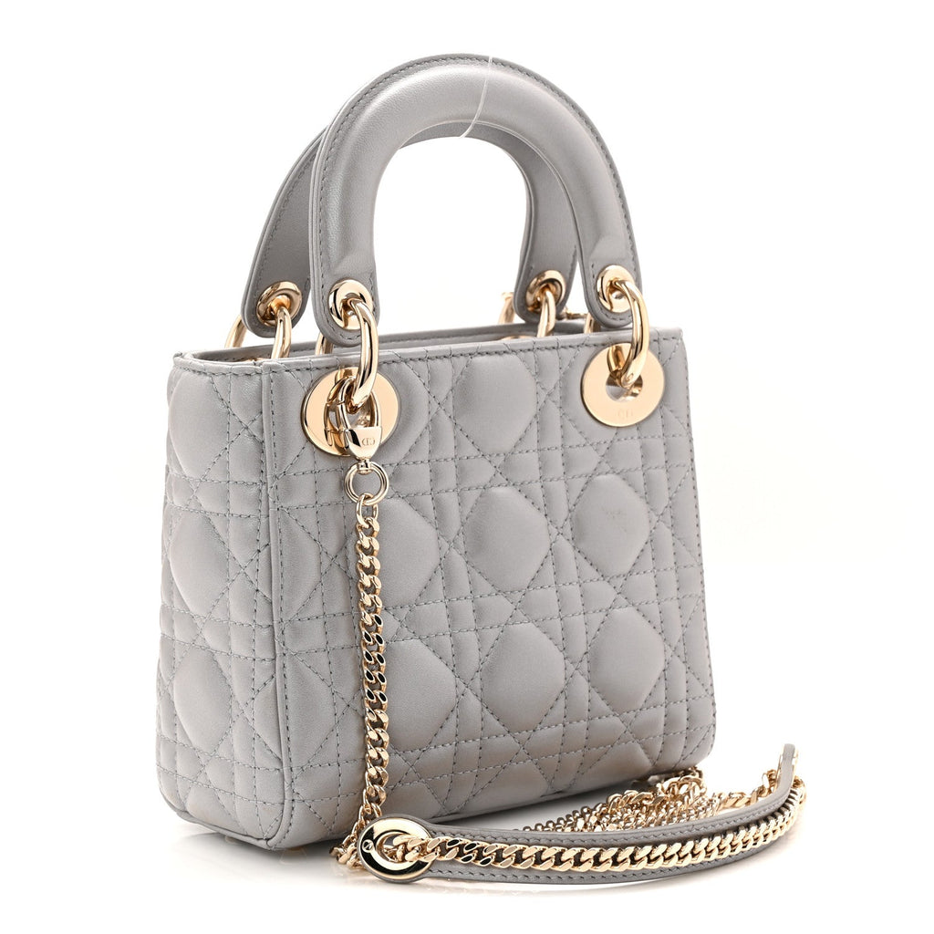 Metallic Lambskin Cannage Mini Lady Dior Grey