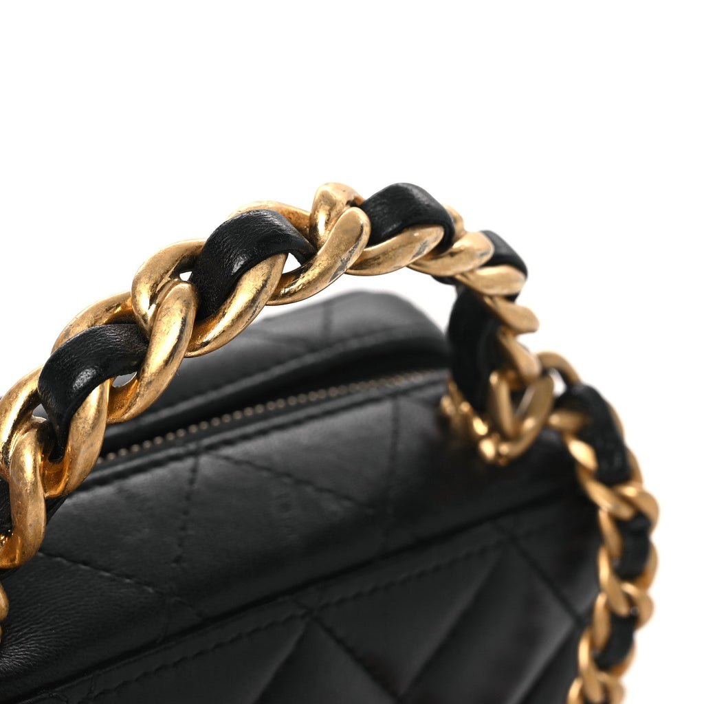 Lambskin Quilted Top Handle Mini Vanity Case Black