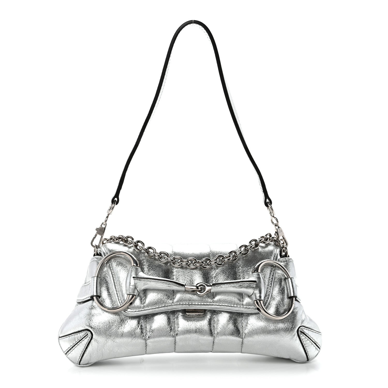 Metallic Nappa Vertical Matelasse Small Maxi Horsebit Chain Shoulder Bag Silver