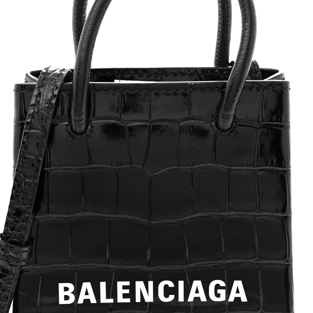Calfskin Crocodile Embossed Logo Shopping Phone Holder Bag Black