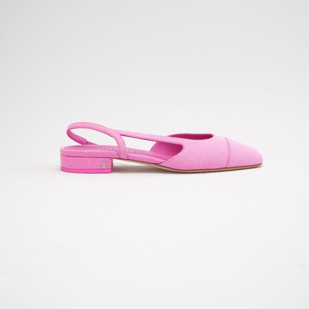 Chanel Neon Pink Denim Cap Toe CC Slingback Flat Size 38