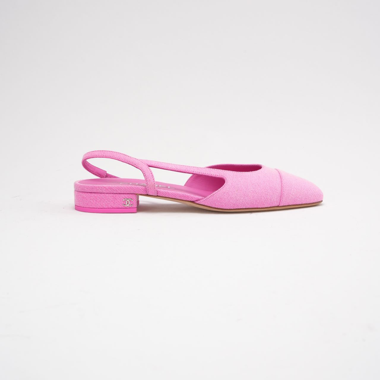 Chanel Neon Pink Denim Cap Toe CC Slingback Flat Size 38