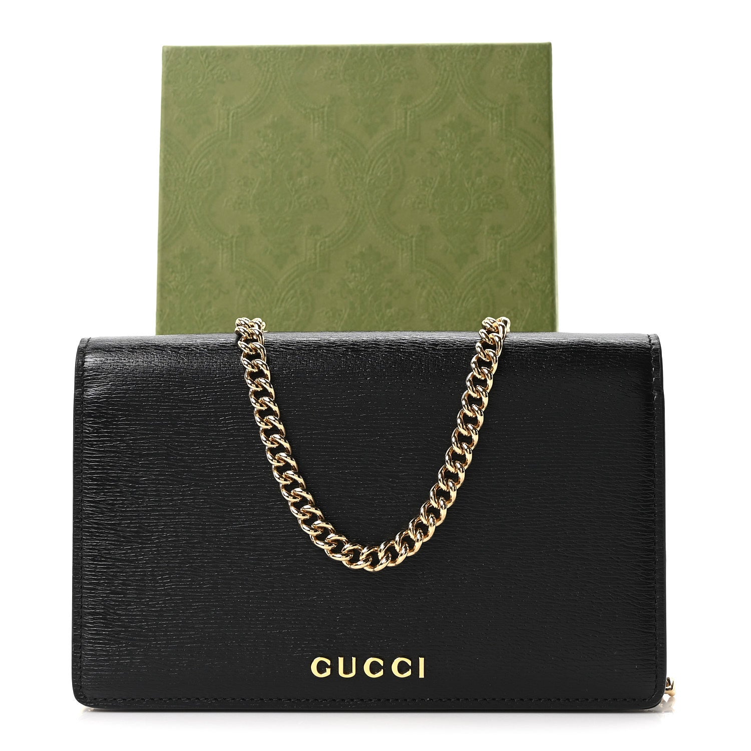 Textured Calfskin Script Logo Wallet On Chain Black