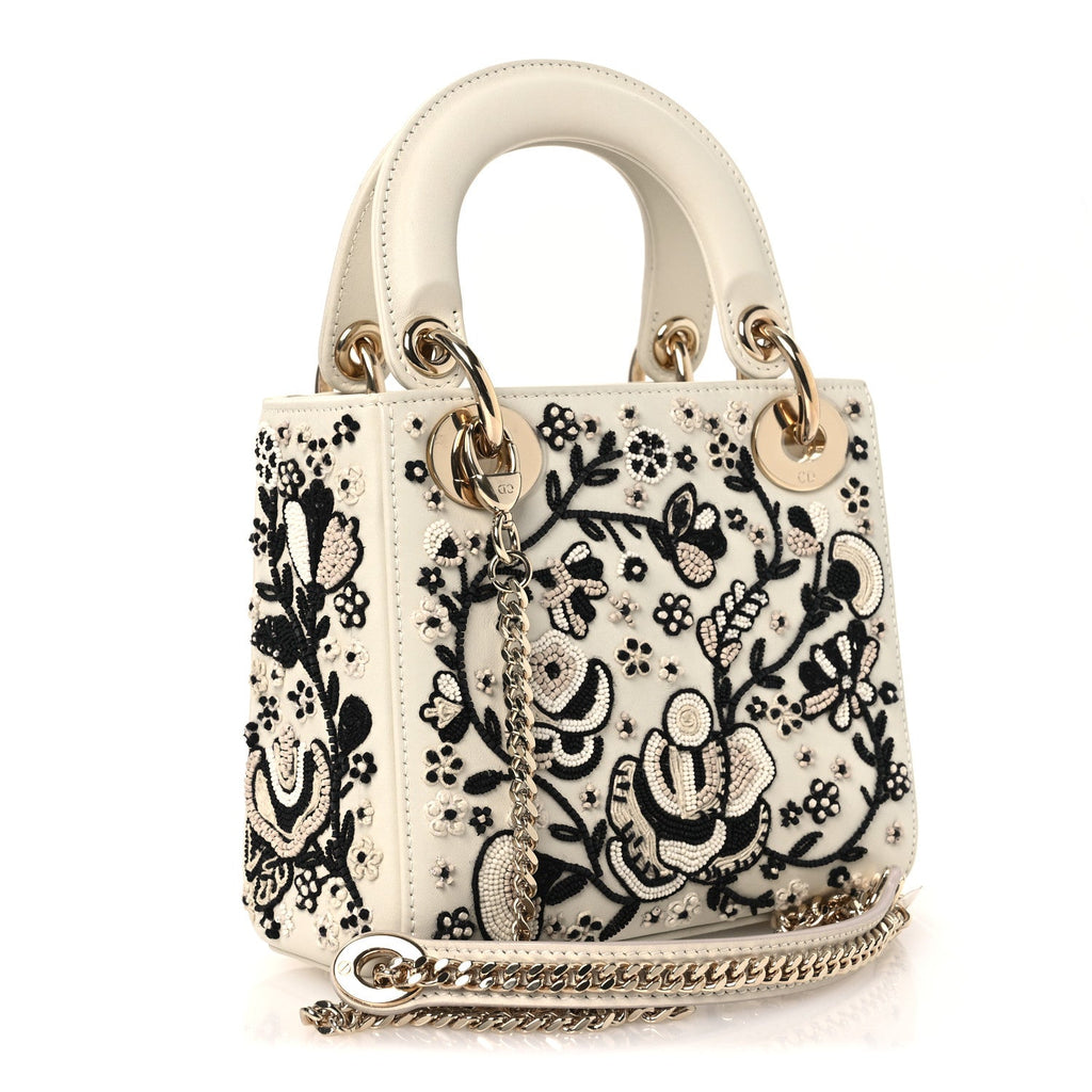 Smooth Calfskin Embroidered Beaded Floral Mini Lady Dior White Multicolor