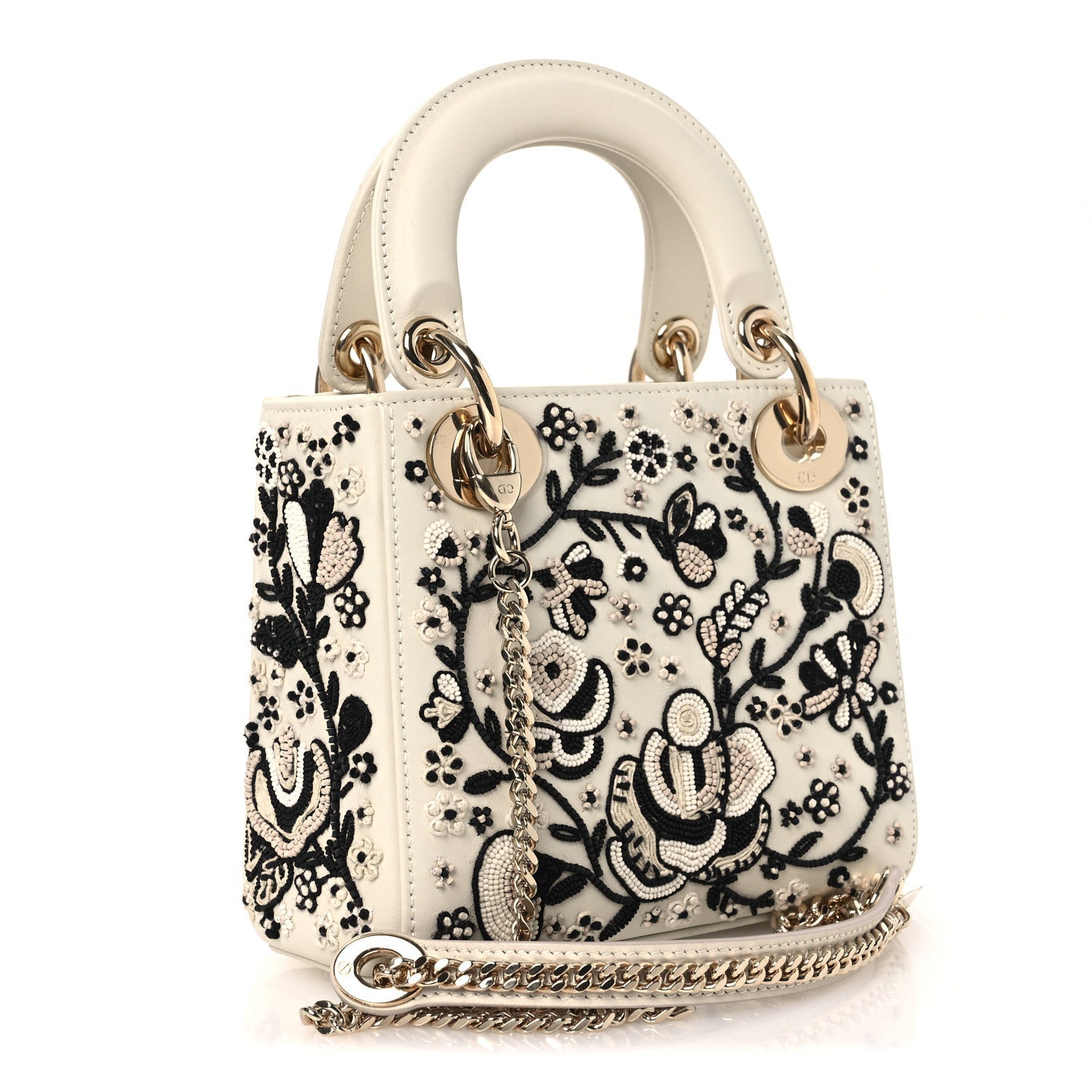 Smooth Calfskin Embroidered Beaded Floral Mini Lady Dior White Multicolor