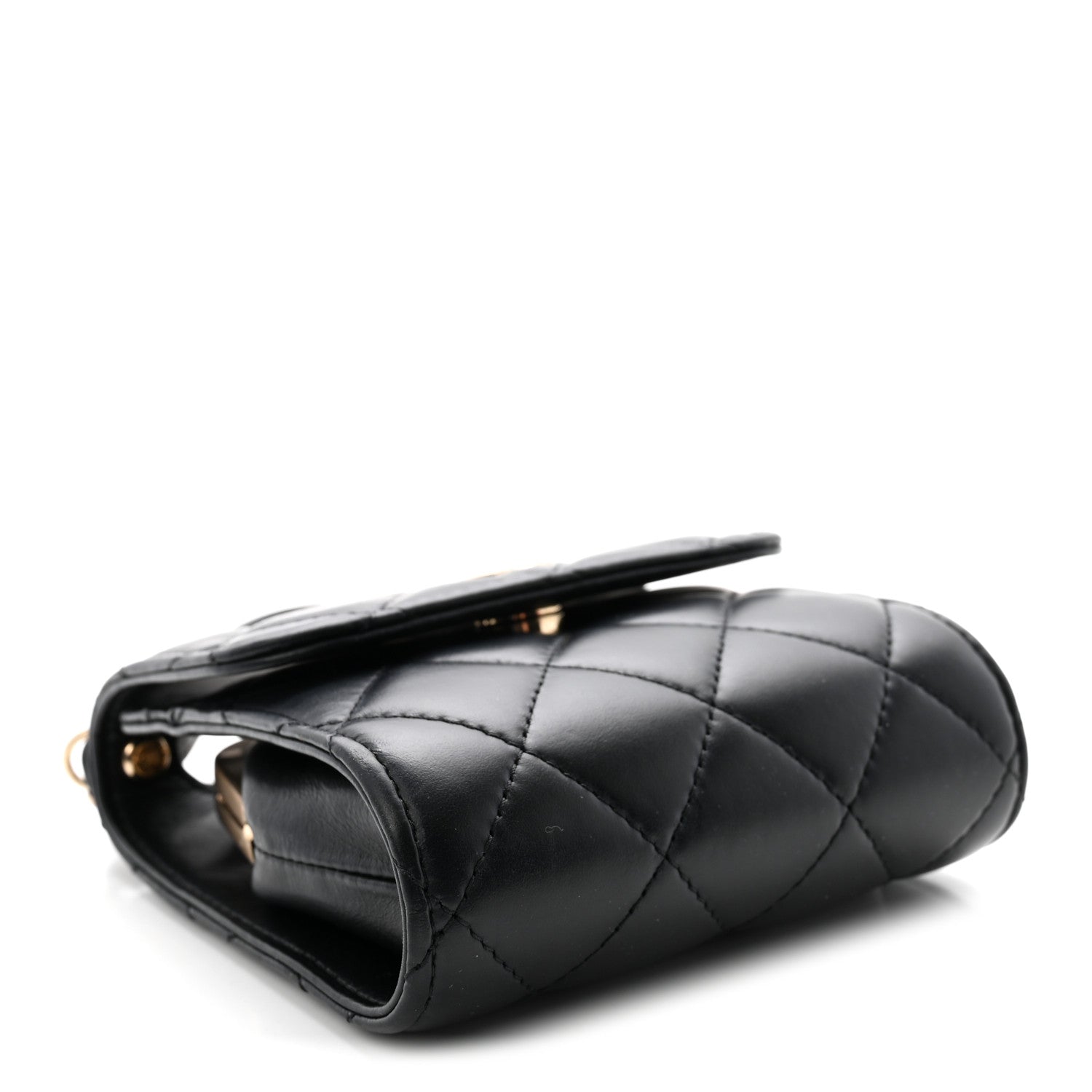 Lambskin Quilted Kiss Lock Top Handle Flap Clutch With Chain Black