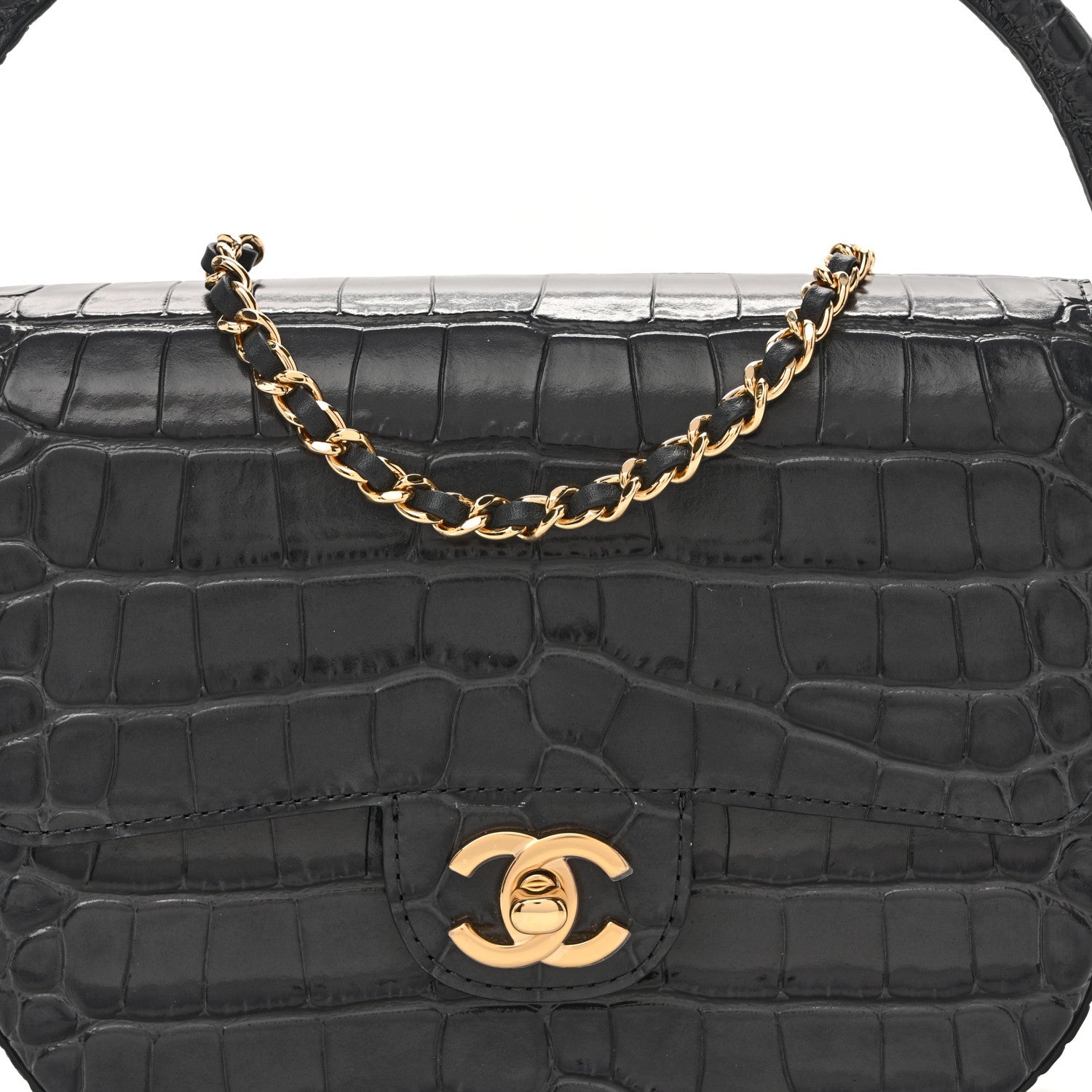 Calfskin Crocodile Embossed Turn Around Mini Flap Dark Grey