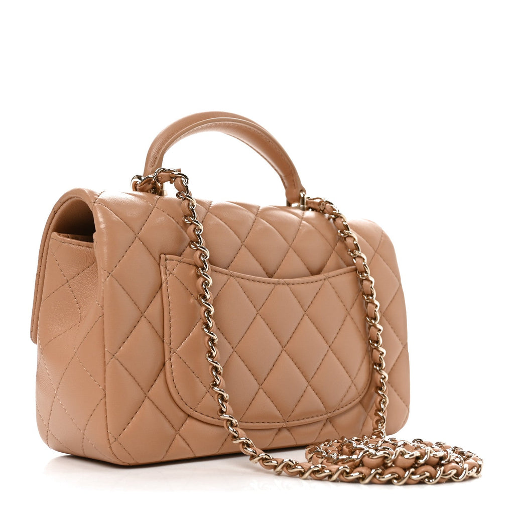Lambskin Quilted Mini Top Handle Rectangular Flap Dark Beige