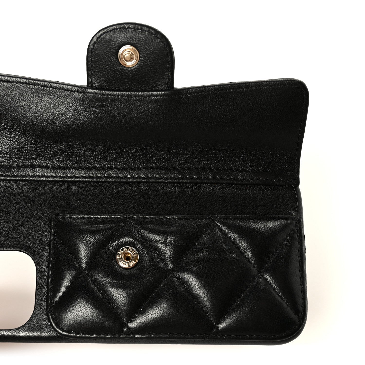Lambskin Quilted Pearl Crush iPhone XII Pro Holder With Chain Black