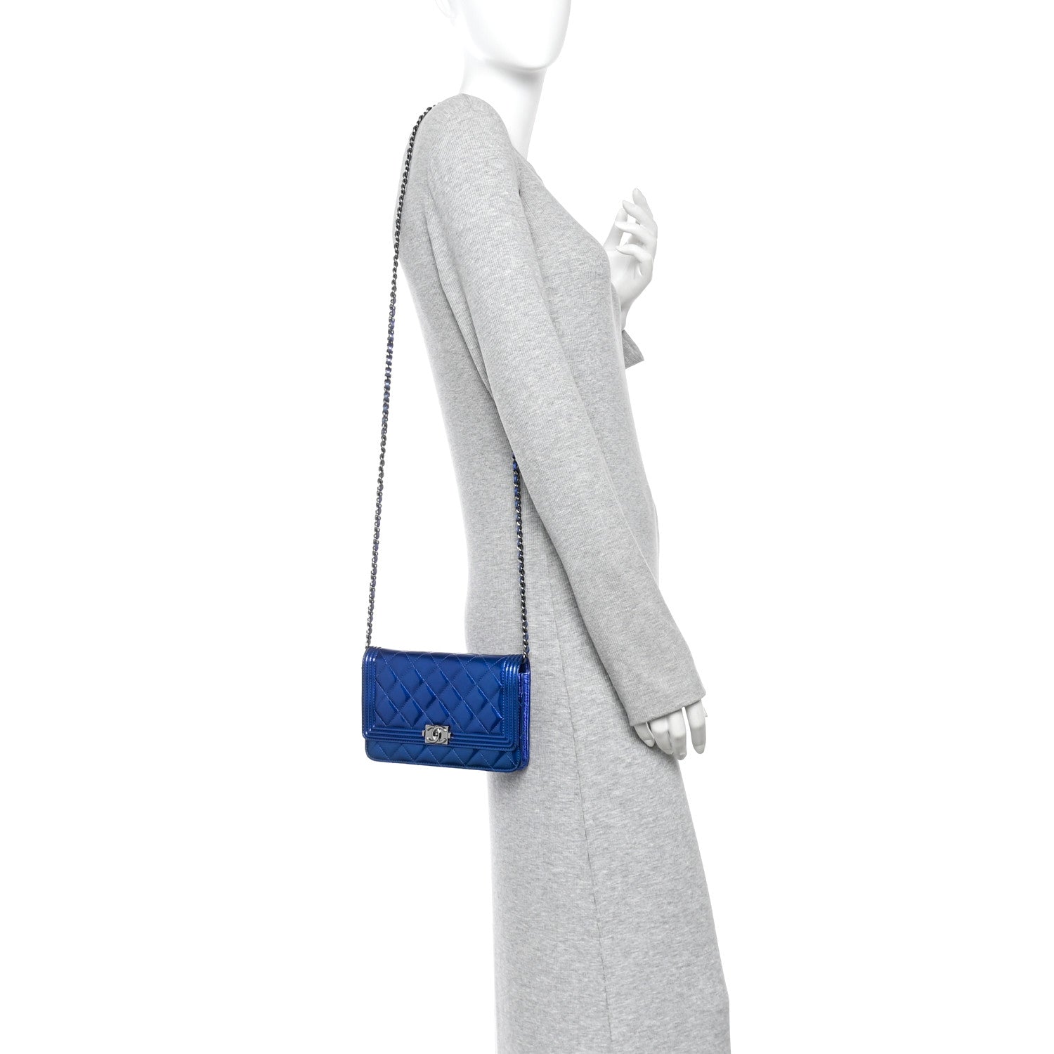 Metallic Patent Calfskin Quilted Boy Wallet on Chain WOC Blue