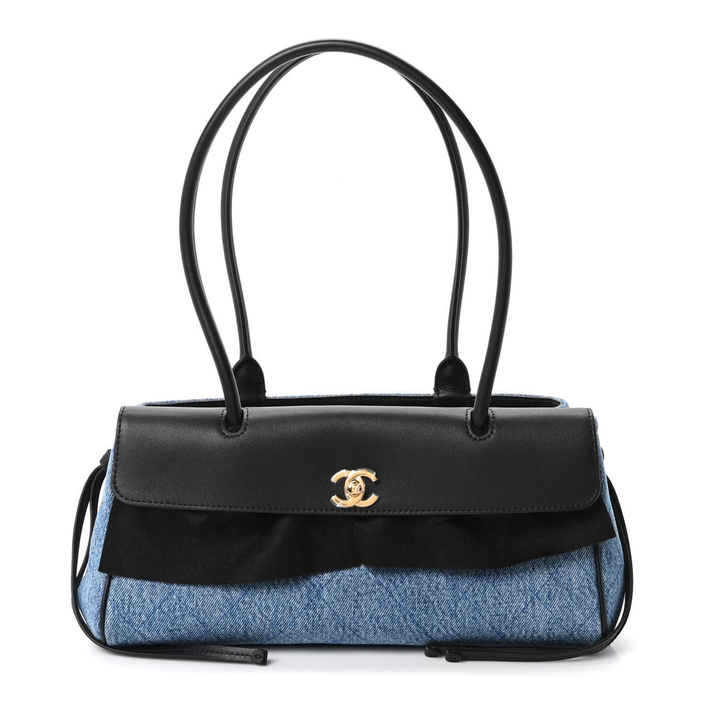 Calfskin Denim Quilted Urban Essentials Small Shopping Bag  Black Blue