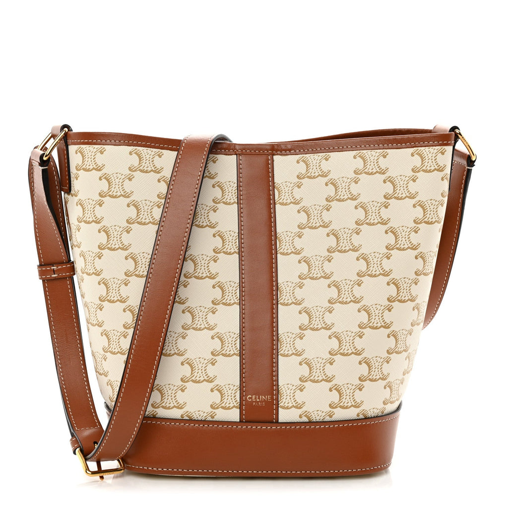 Triomphe Canvas Calfskin Small Bucket Bag White