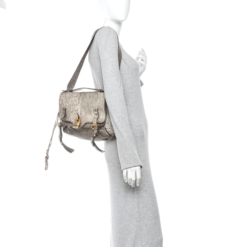 Metallic Pebbled Lambskin Paddington Satchel Grey