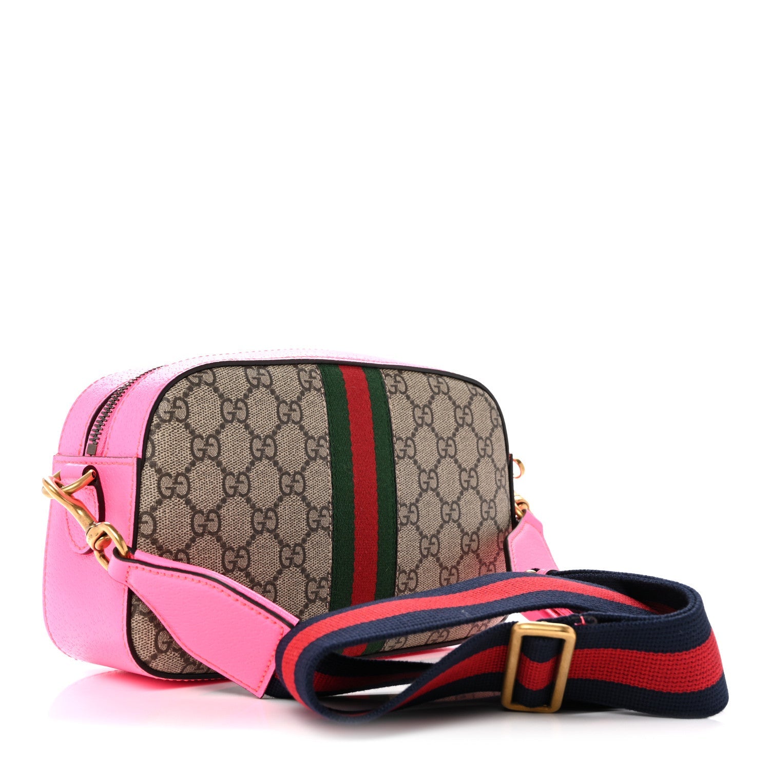 GG Supreme Monogram Textured Dollar Calfskin Web Ophidia Small Crossbody Bag Beige Ebony Fuchsia