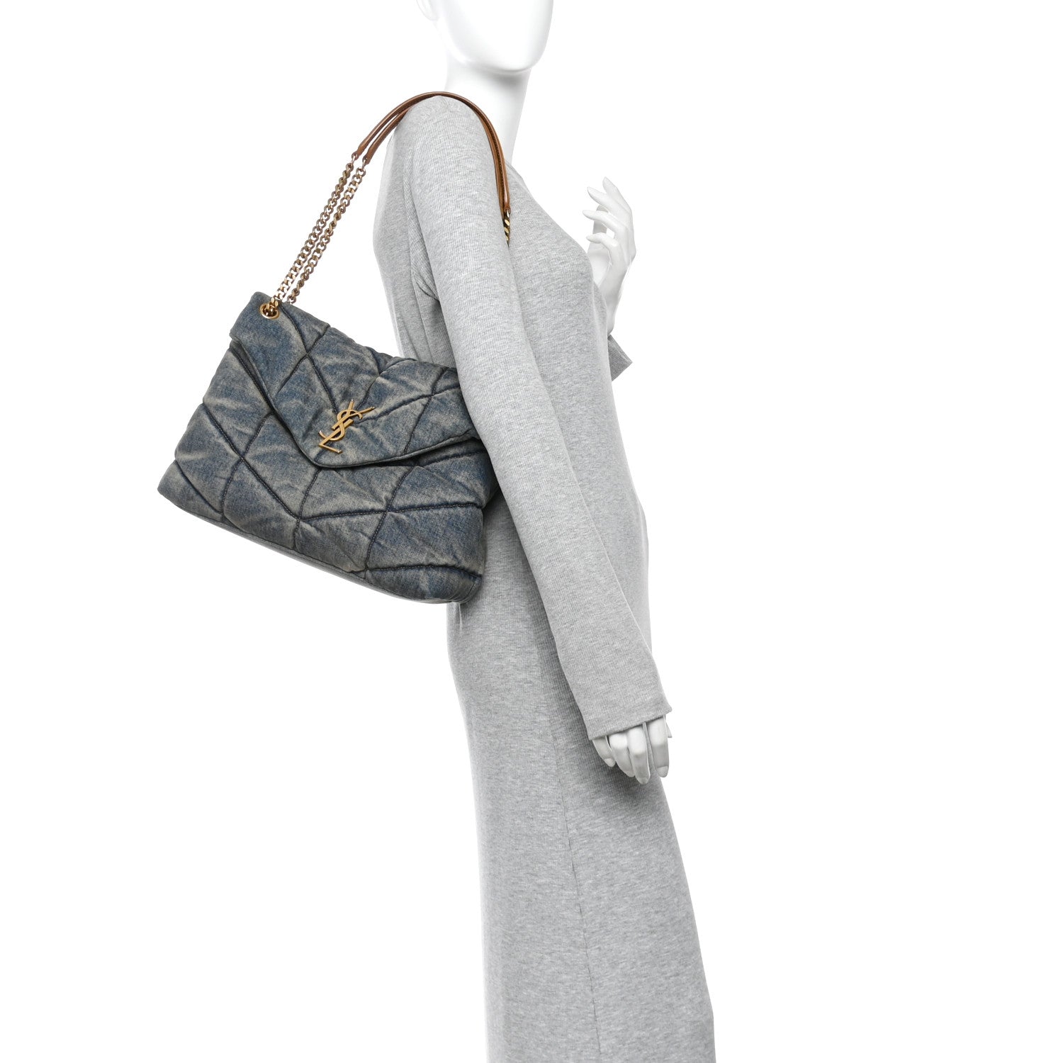 Denim Quilted Medium Loulou Puffer Monogram Chain Satchel Blue Cinnamon