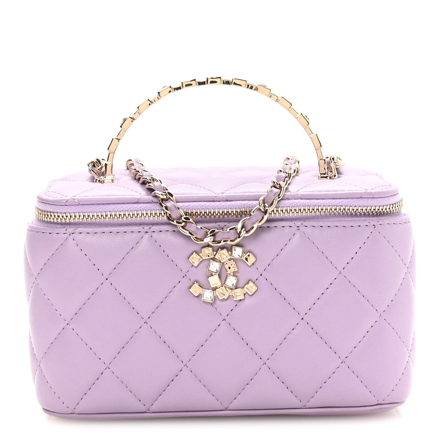 Lambskin Quilted Baguette Crystal Top Handle Vanity Case With Chain Purple