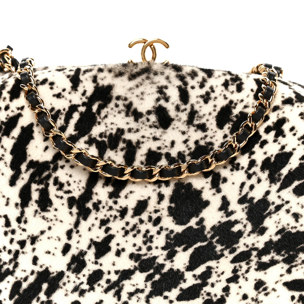 Lambskin Pony Hair Printed Clutch With Chain Black White