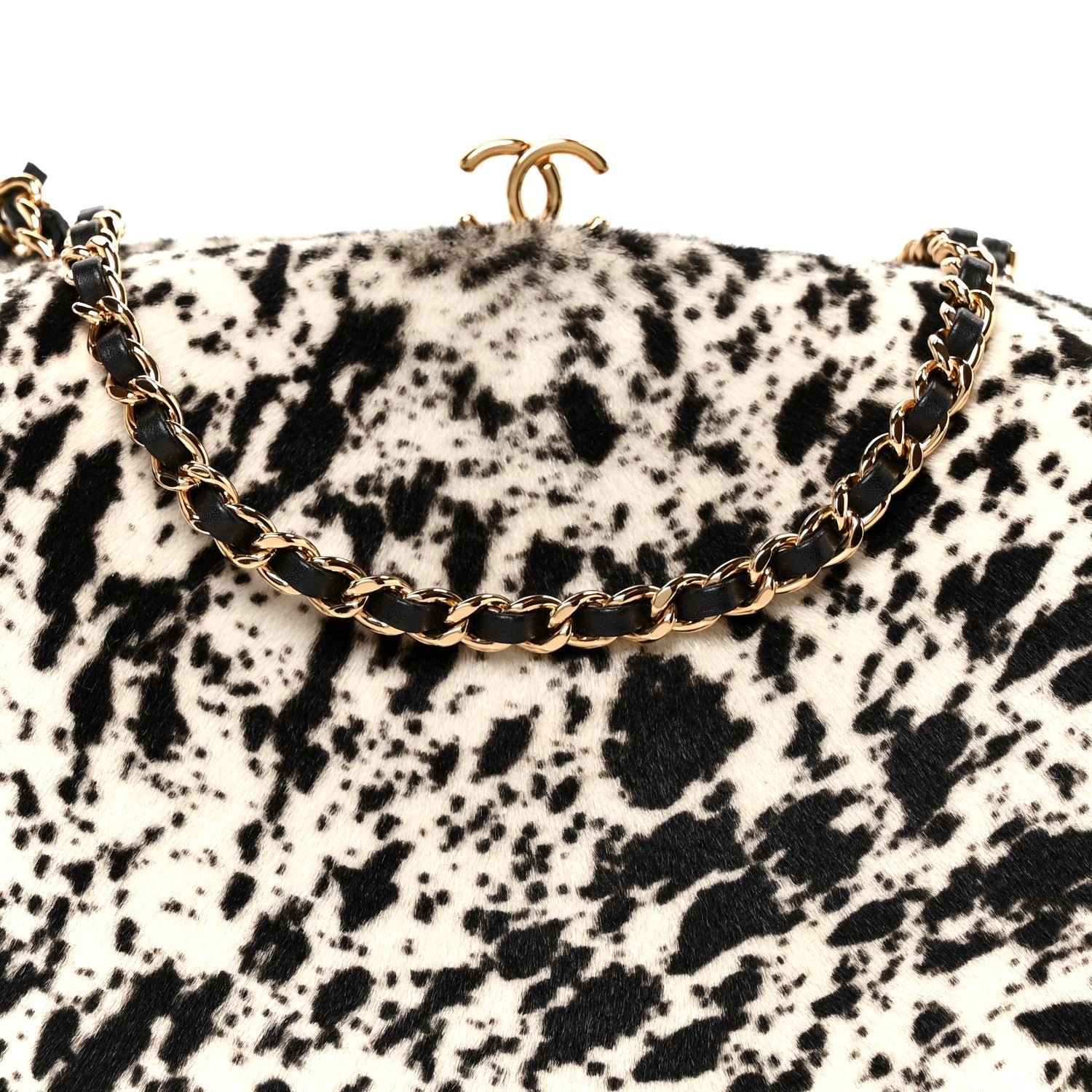 Lambskin Pony Hair Printed Clutch With Chain Black White