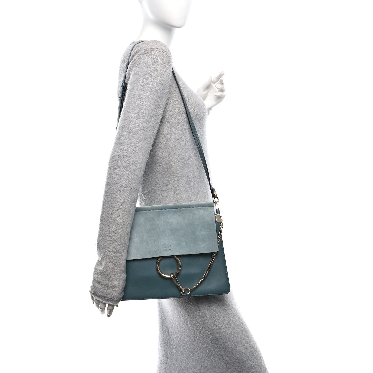 Suede Calfskin Medium Faye Shoulder Bag Cloudy Blue