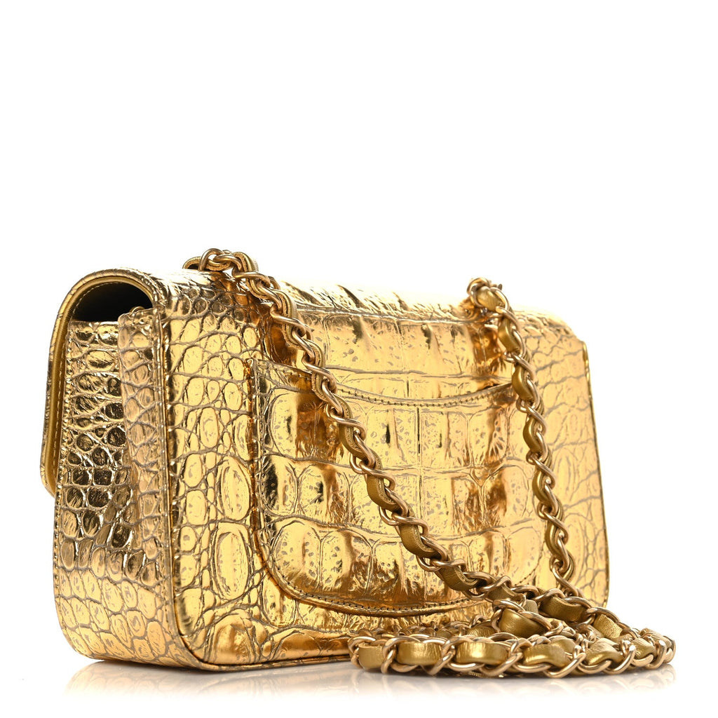 Metallic Calfskin Crocodile Embossed Cocodile Rectangular Mini Flap Gold