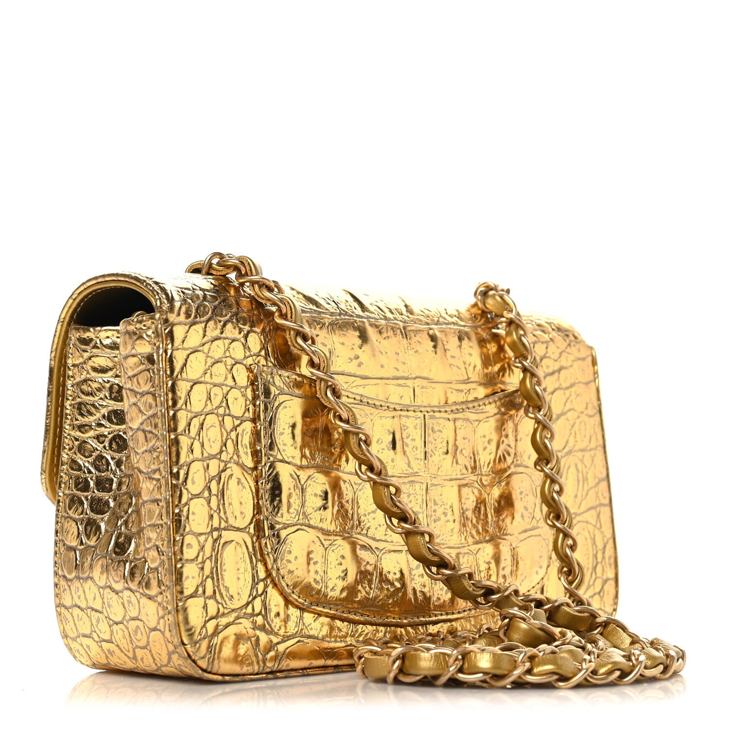 Metallic Calfskin Crocodile Embossed Cocodile Rectangular Mini Flap Gold