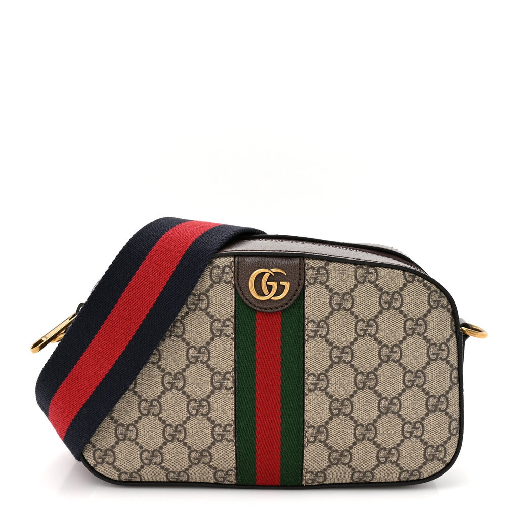 GG Supreme Monogram Textured Dollar Calfskin Web Ophidia Small Crossbody Bag Beige Ebony New Acero