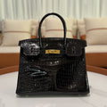 HERMÈS BIRKIN 30 BLACK SHINY CROCODILE GOLD HARDWARE X STAMP