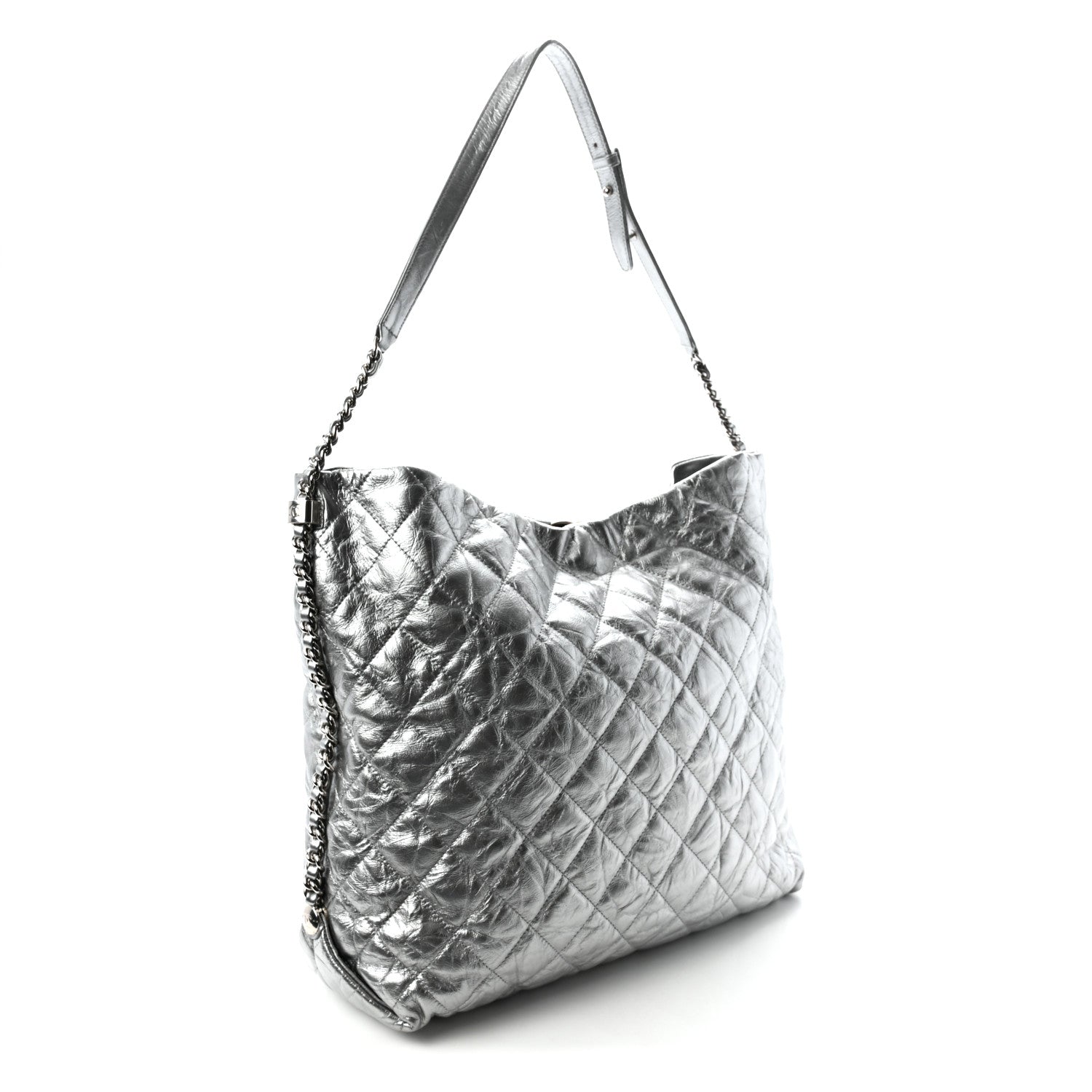 Metallic Crackled Calfskin Quilted Large Big Bang Hobo Silver