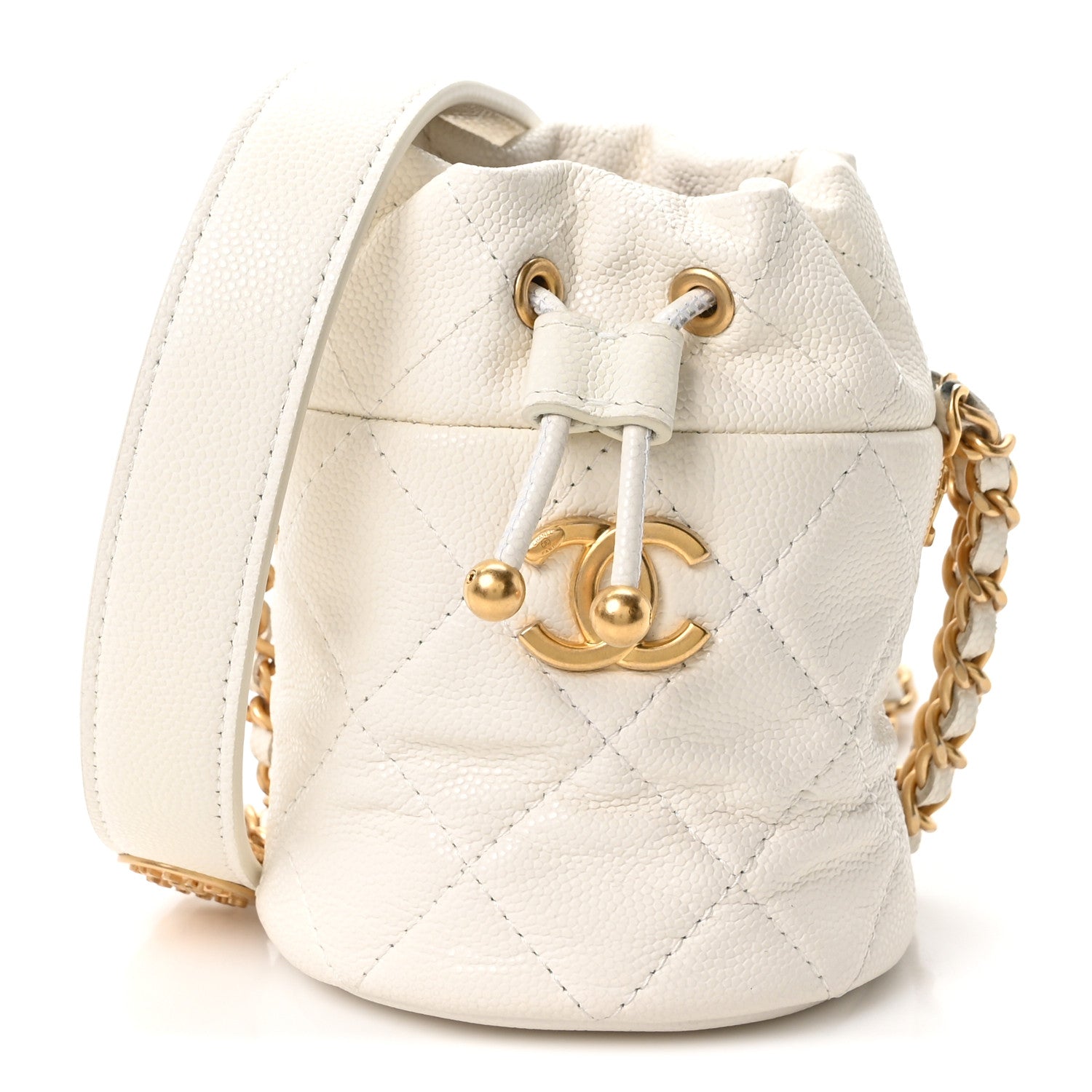 Caviar Quilted Twist Your Buttons Mini Bucket Bag White