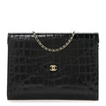 Calfskin Crocodile Embossed Croc Illusion Clutch With Chain Black