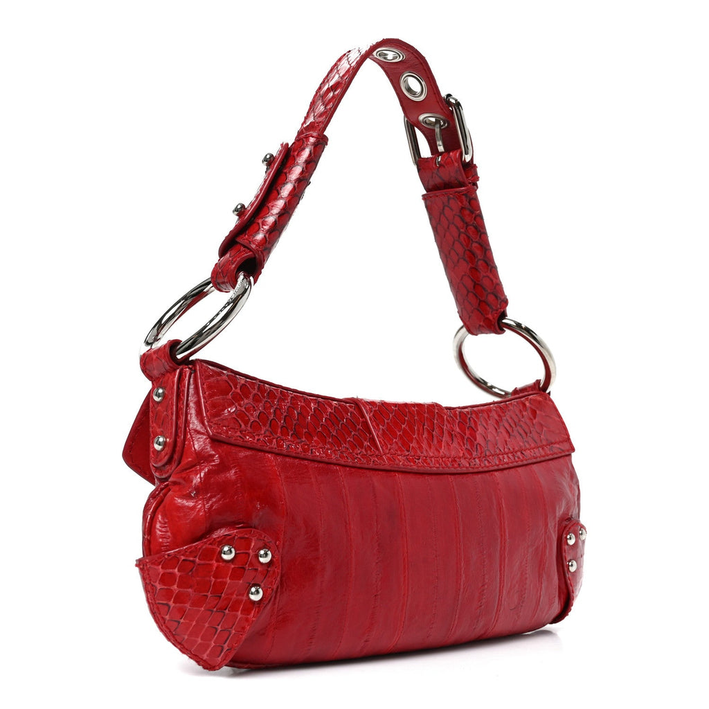 Snakeskin Eel O-Ring Baguette Shoulder Bag Red