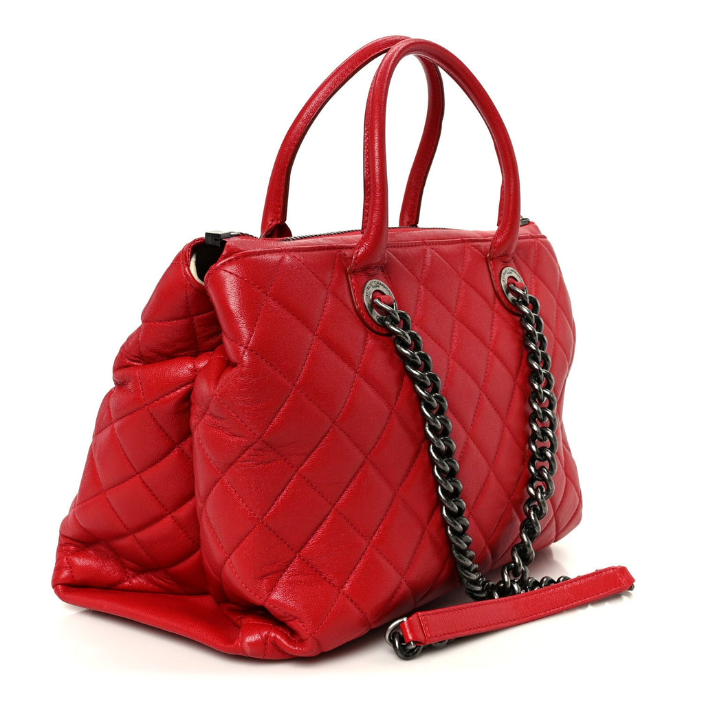 Shiny Sheepskin Quilted Medium Shopping Tote Red