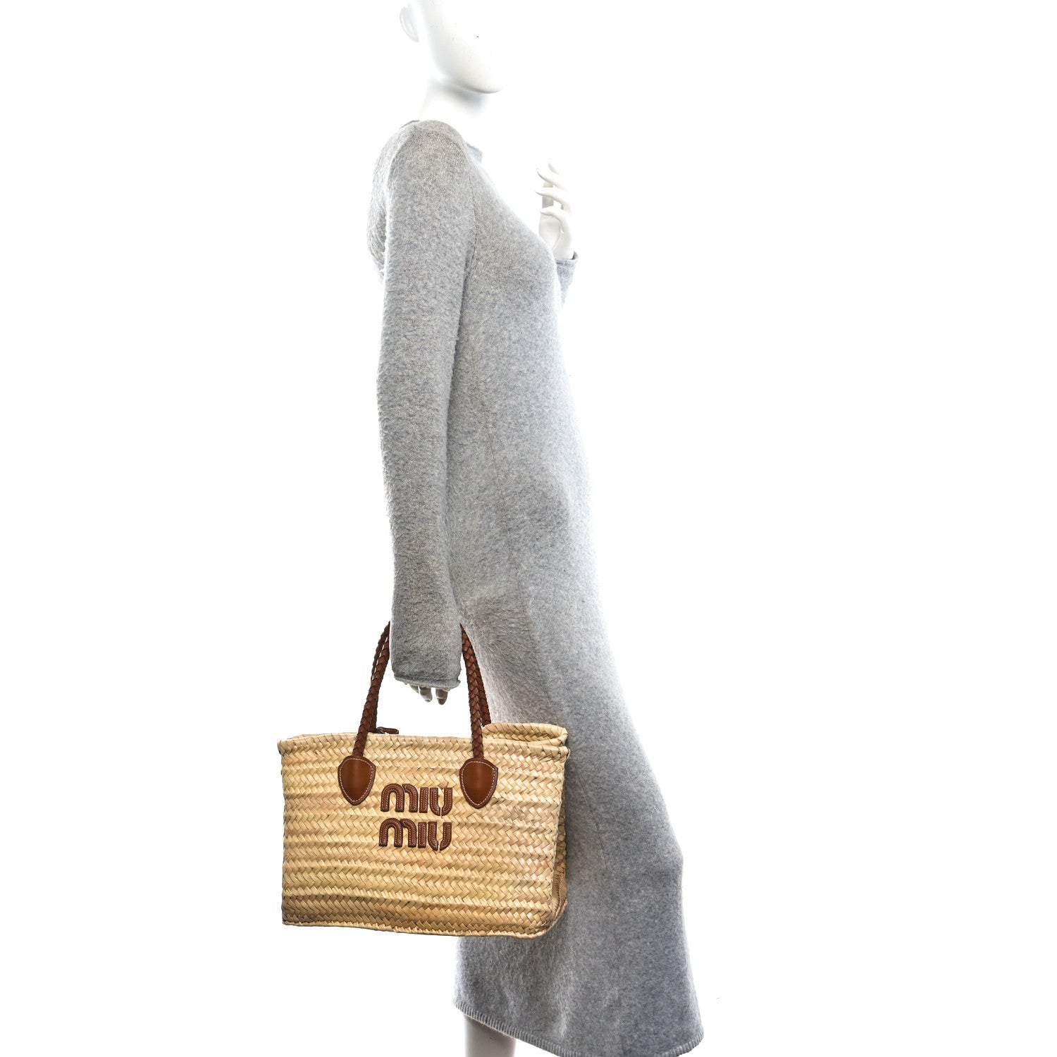 Raffia Braided Handle Tote Beige Cognac