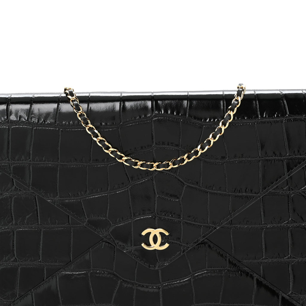 Calfskin Crocodile Embossed Croc Illusion Clutch With Chain Black
