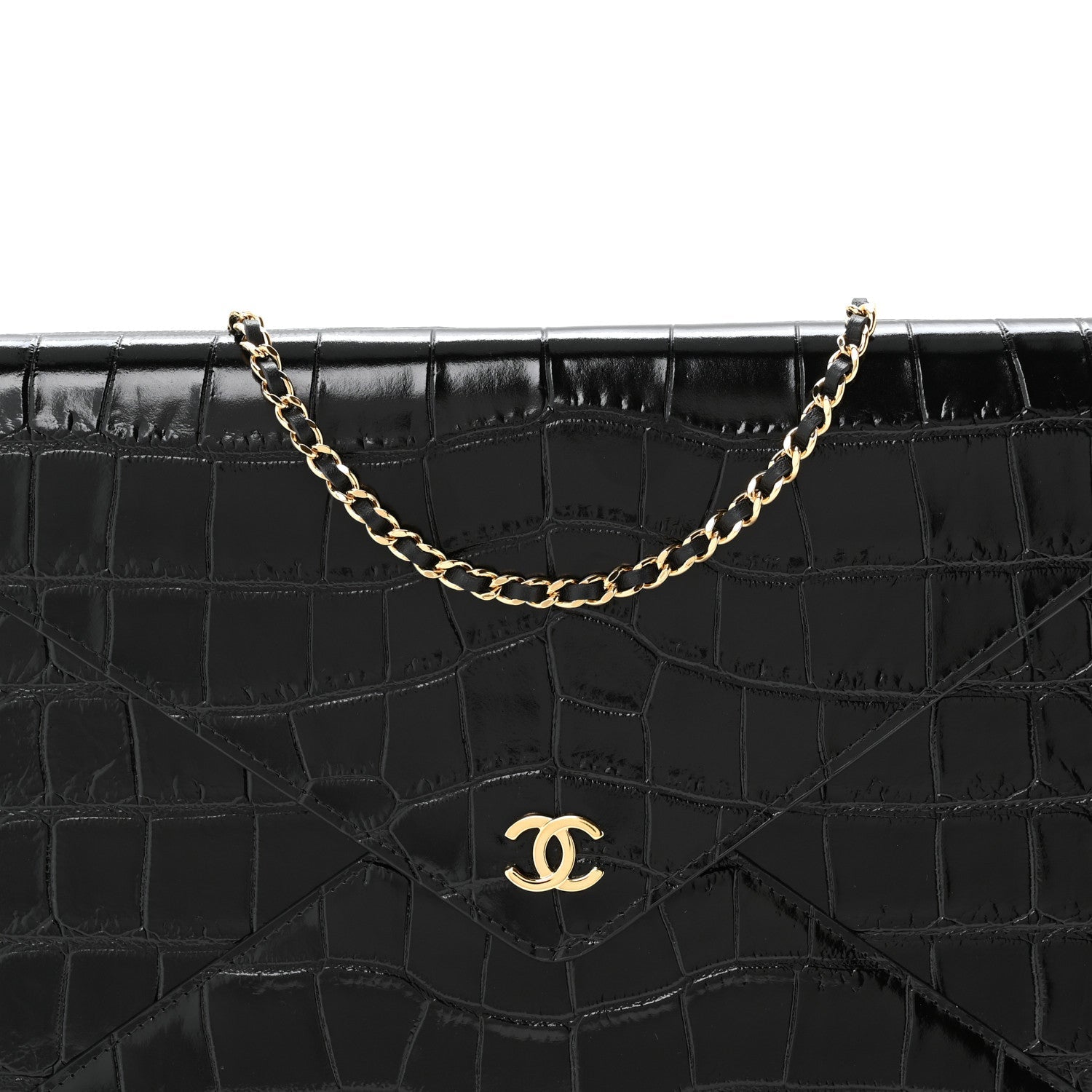 Calfskin Crocodile Embossed Croc Illusion Clutch With Chain Black