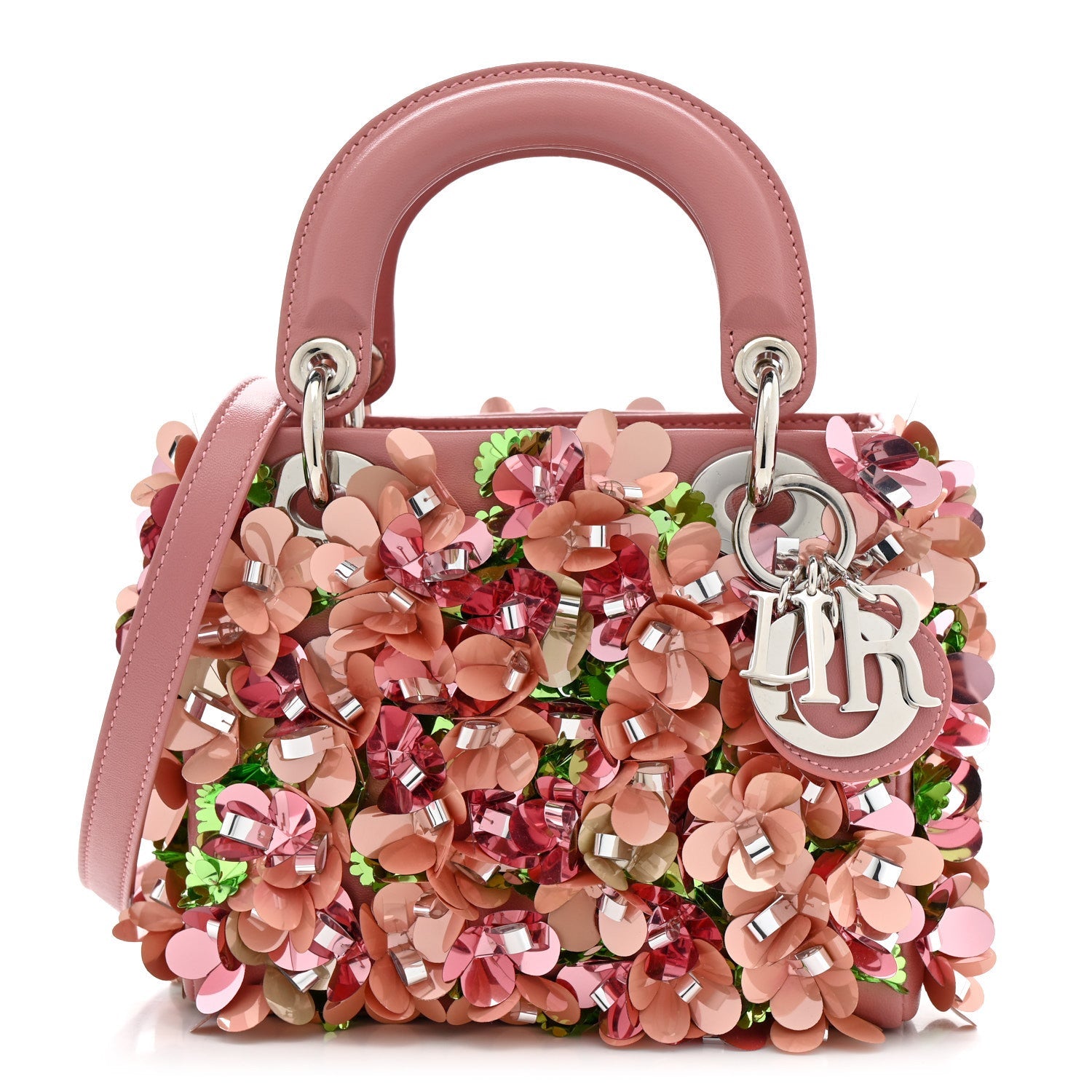 Calfskin Flower Charm Embellished Mini Lady Dior Pink