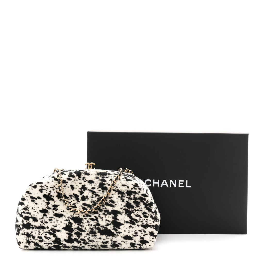 Lambskin Pony Hair Printed Clutch With Chain Black White