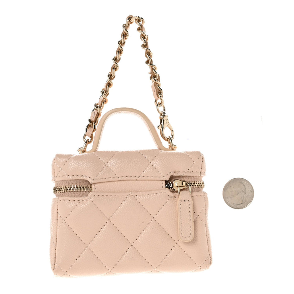 Caviar Quilted Mini Bag Charm With Chain Light Beige