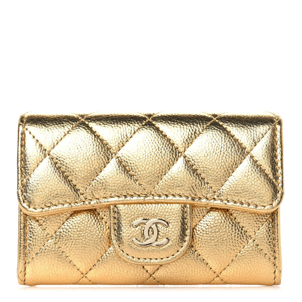 Metallic Caviar Quilted Flap Card Holder Wallet Gold